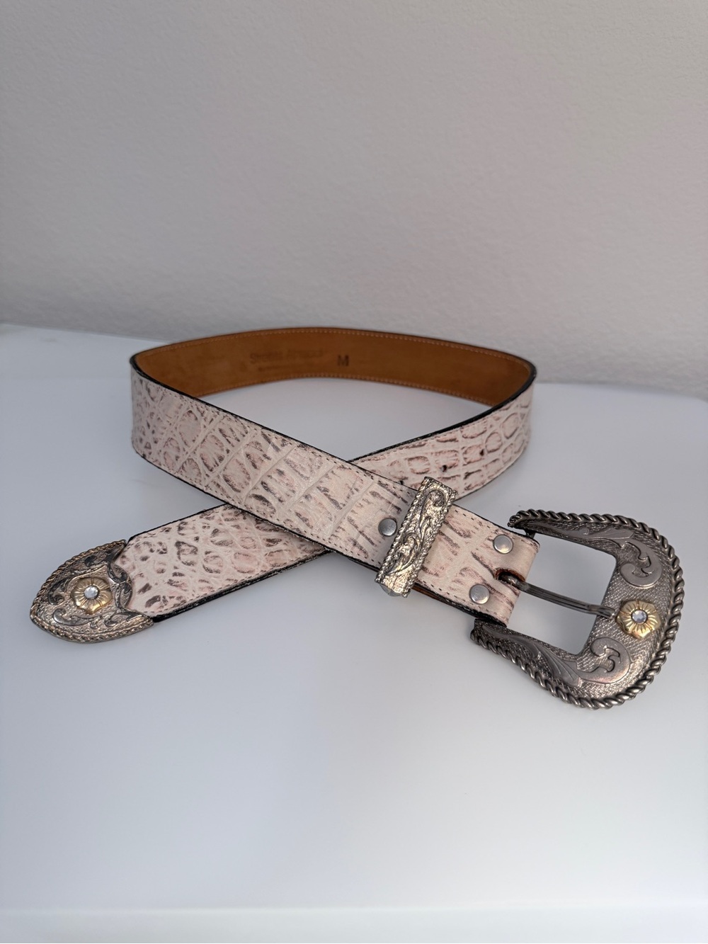 Streets Ahead Ivory Croc-Embossed Western Belt with Ornate Silver Buckle MD